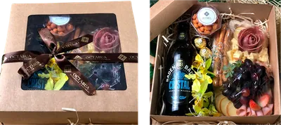 Box Presente: Tábua de frios com provolone, colonial, lombo e salame, frutas e grissini. Amendoim, Ferrero Rocher e cerveja artesanal